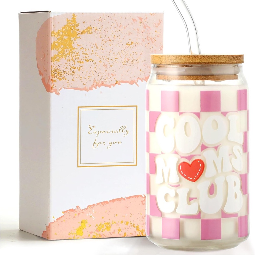 Pink Checkered "Cool Moms Club" Glass Candle Jar with Bamboo Lid